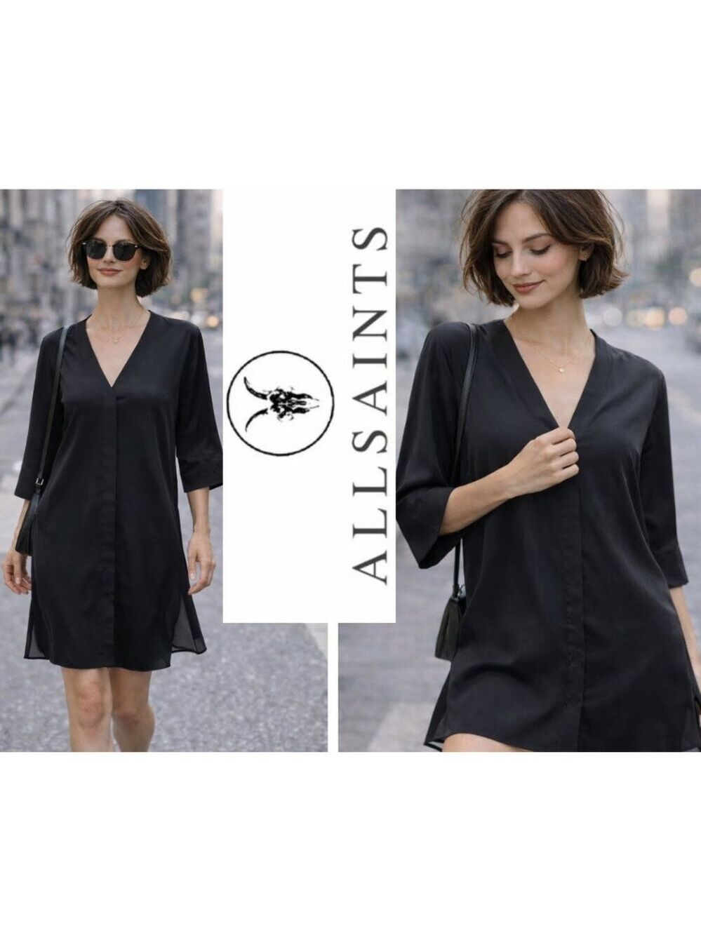 AllSaints Black Silk Dress Button Down Shift Sheer Side Slits 3/4 Sleeve Size 4